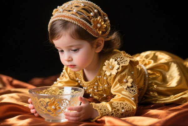 Young child in gold dress with ornate headpiece and a floral glass bowl on golden fabric.