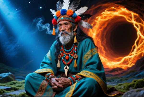 Elderly shaman adorned in feathers sits calmly before a mystical glowing portal.