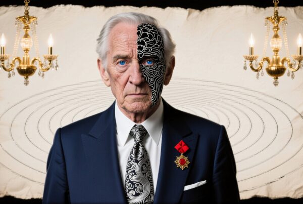A distinguished elderly man with half his face artfully decorated, flanked by chandeliers, in a mysterious, elegant setting.