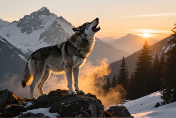 A majestic wolf howling on a snow-covered mountain at sunset.