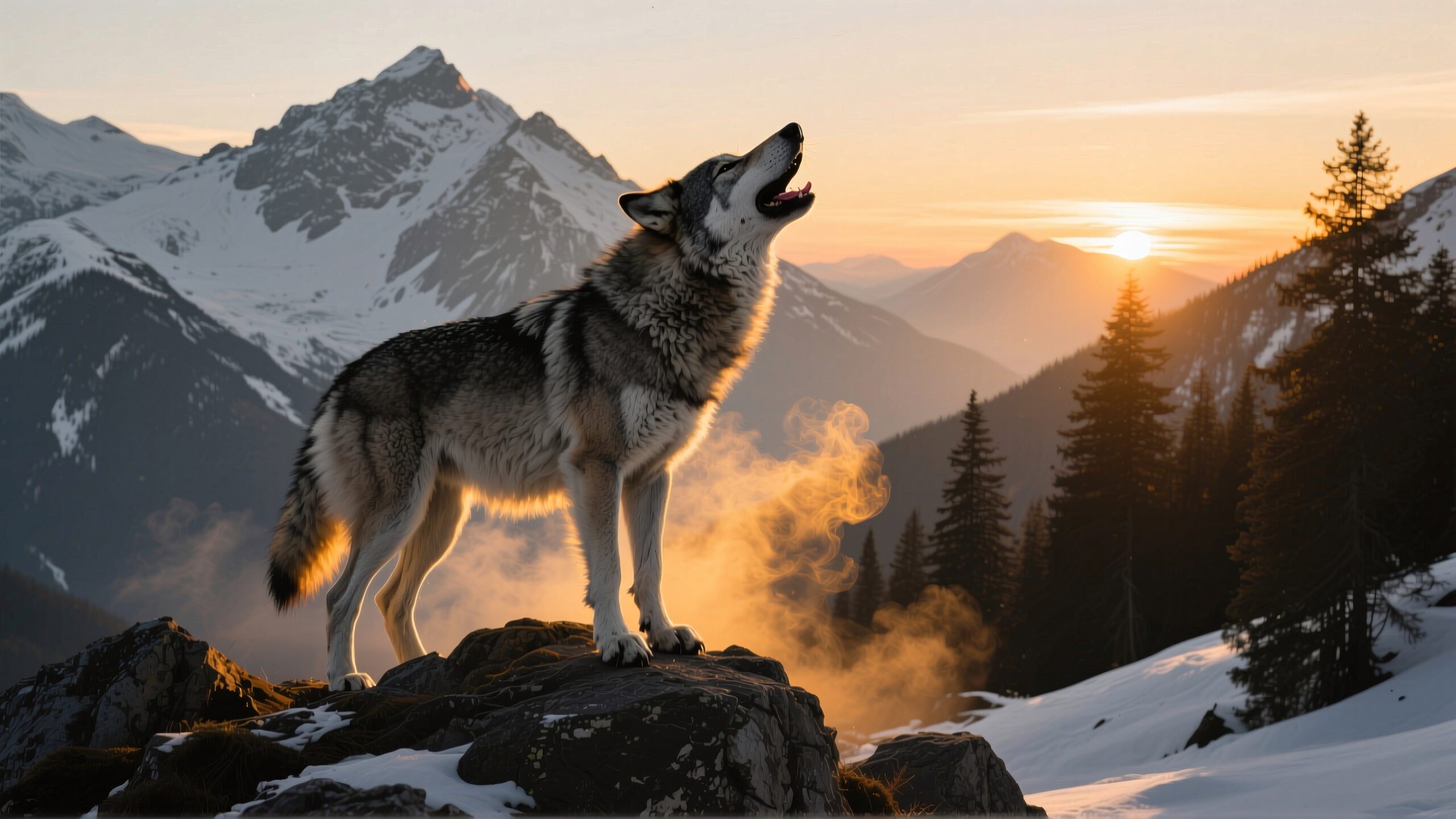 Wolf Howling at Sunset Silhouette
