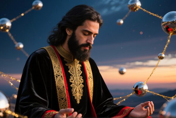 A man in ornate robe meditates amid floating spheres at sunset.