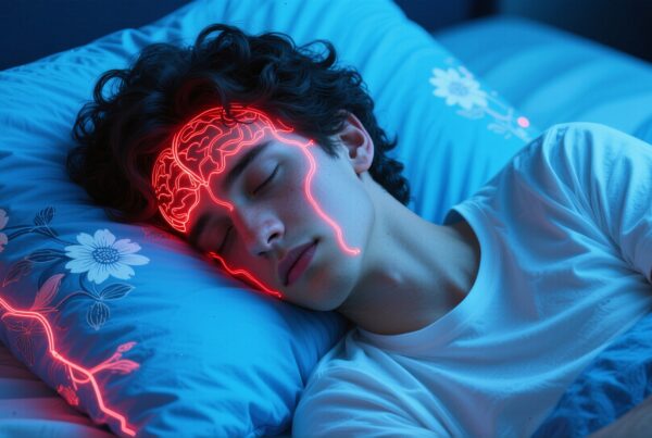 Young man sleeping with neon brain overlay.
