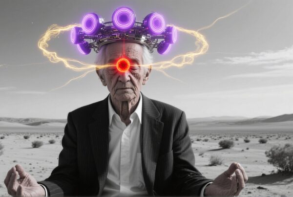 An elderly man meditates in a desert, with a glowing futuristic headpiece and energy beams, symbolizing a fusion of wisdom and technology.