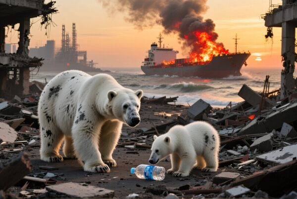 Polar bears in a fiery, industrial ruin, with ship burning and plastic pollution in foreground.