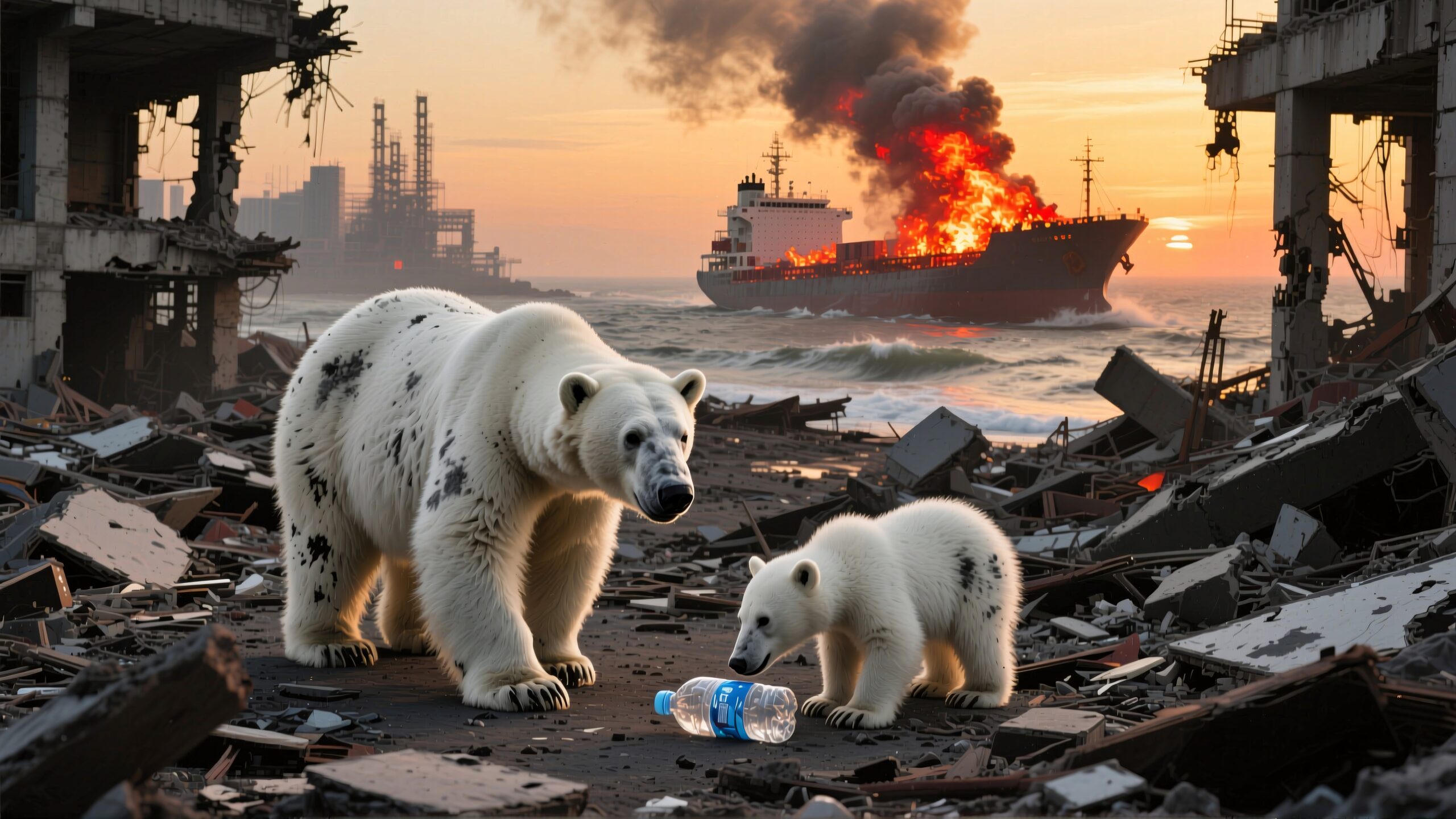 Polar Bears Amidst Industrial Devastation