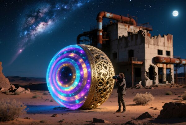 An ornate, glowing sphere in a moonlit desert with an industrial background and starry night sky.