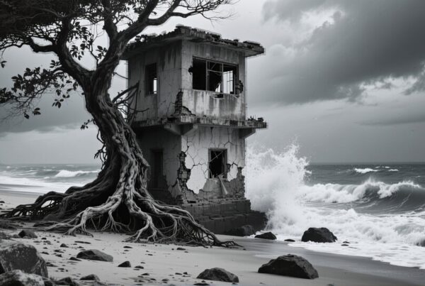 A derelict building on a stormy beach with tree roots intertwined.