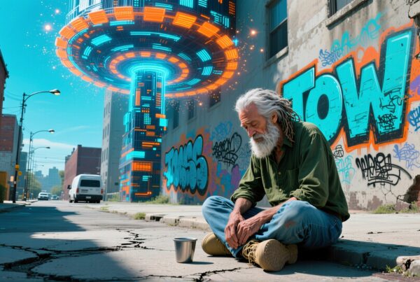 A weathered man sits on a gritty street as a luminous UFO hovers above.