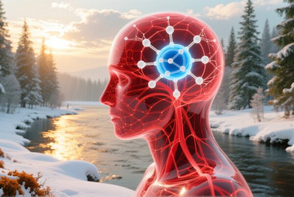 Illustration of a human head with neural network overlay in snow-covered landscape.
