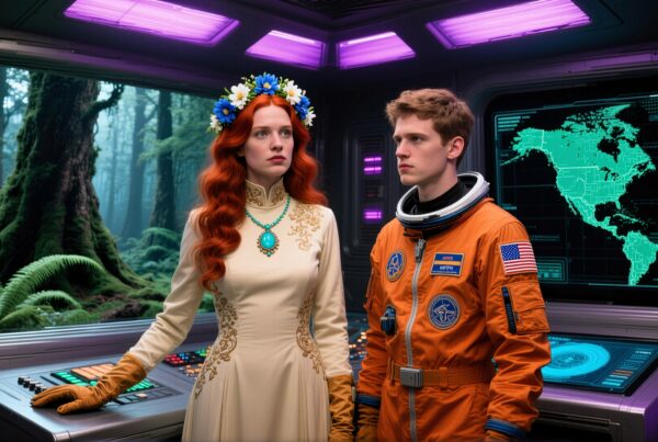 A futuristic scene with a woman in floral attire and a man in an astronaut suit, set in a technologically advanced control room.