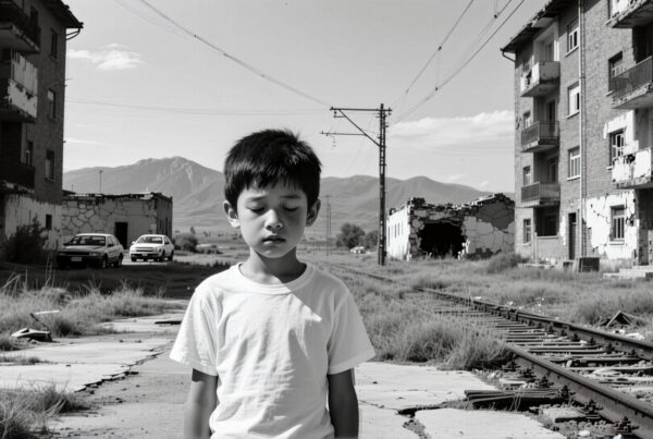 A young boy stands quietly amidst urban decay, surrounded by dilapidated buildings and railway tracks.