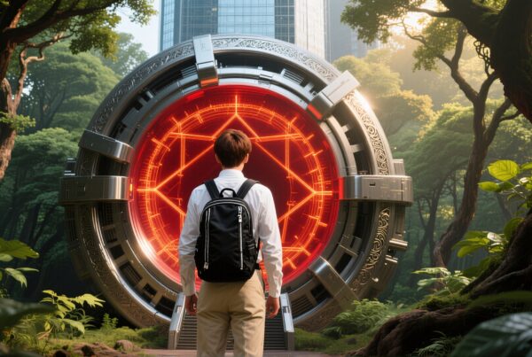 A young adventurer stands before a glowing red portal in a verdant forest, symbolizing exploration and discovery.