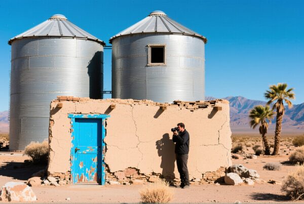 A photographer in front of an adobe building with metal silos in a desert landscape.