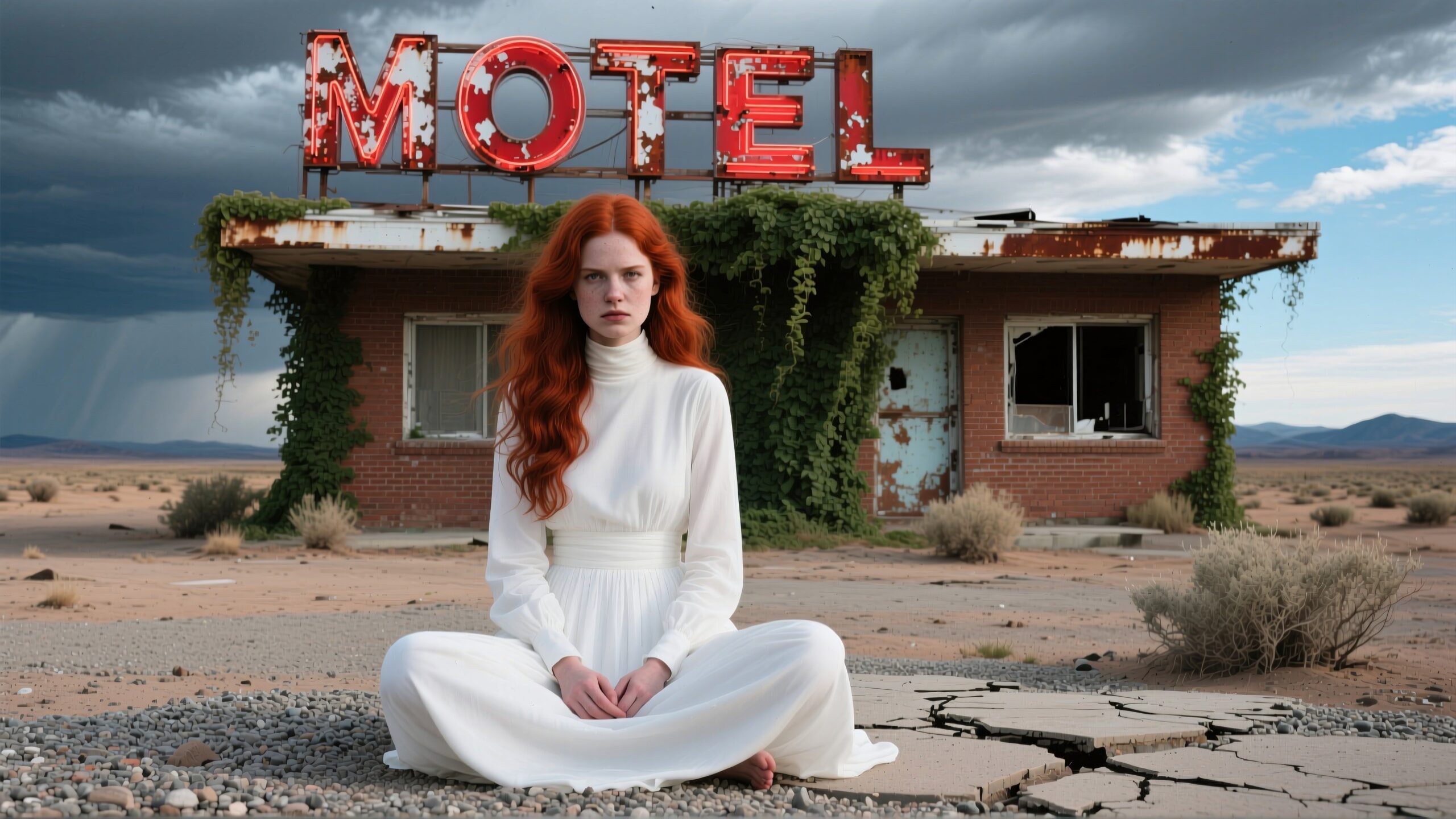 Abandoned Motel with Red-haired Woman