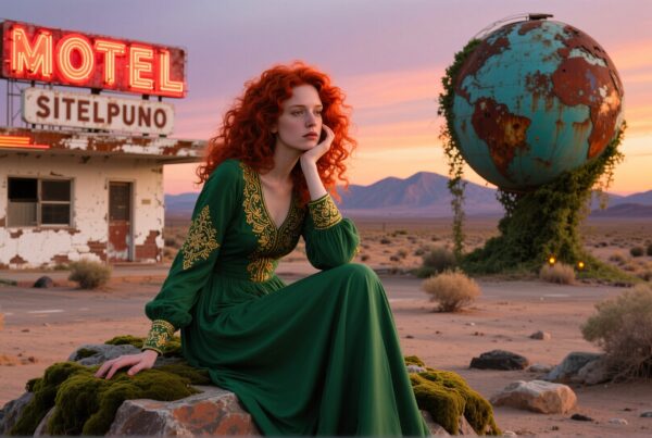 A woman in a green dress sits by an abandoned motel in the desert at sunset.