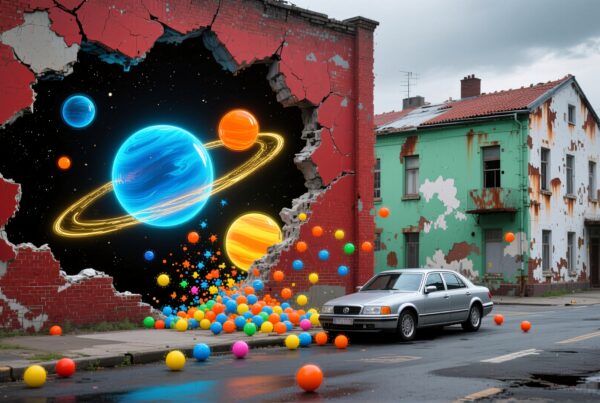 A cosmic mural bursts through a brick wall with colorful spheres.