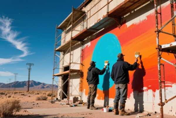 Two people painting a colorful mural on a desert wall under clear skies.