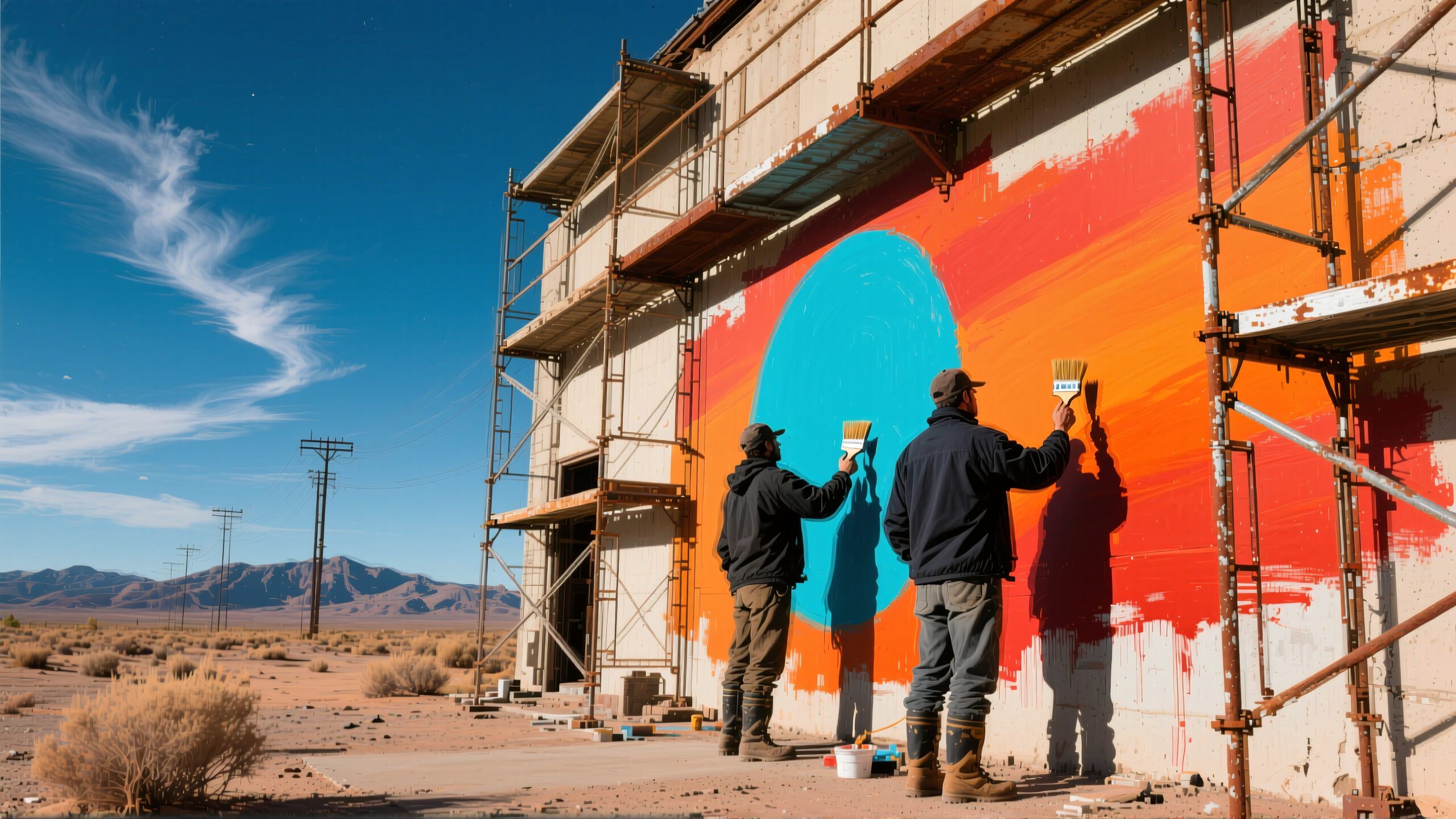 Desert Mural Creation Under Scaffolding