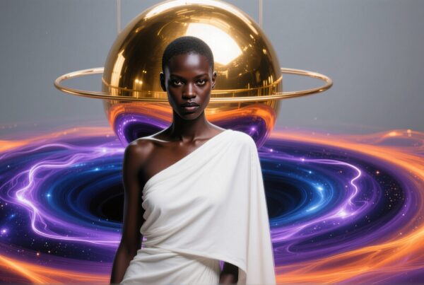 Elegant woman in white dress posing before colorful cosmic background with golden sphere and swirling vortex.