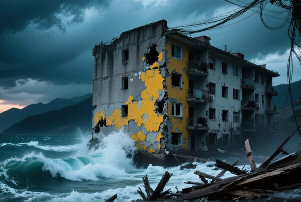 A dilapidated building battered by stormy sea.
