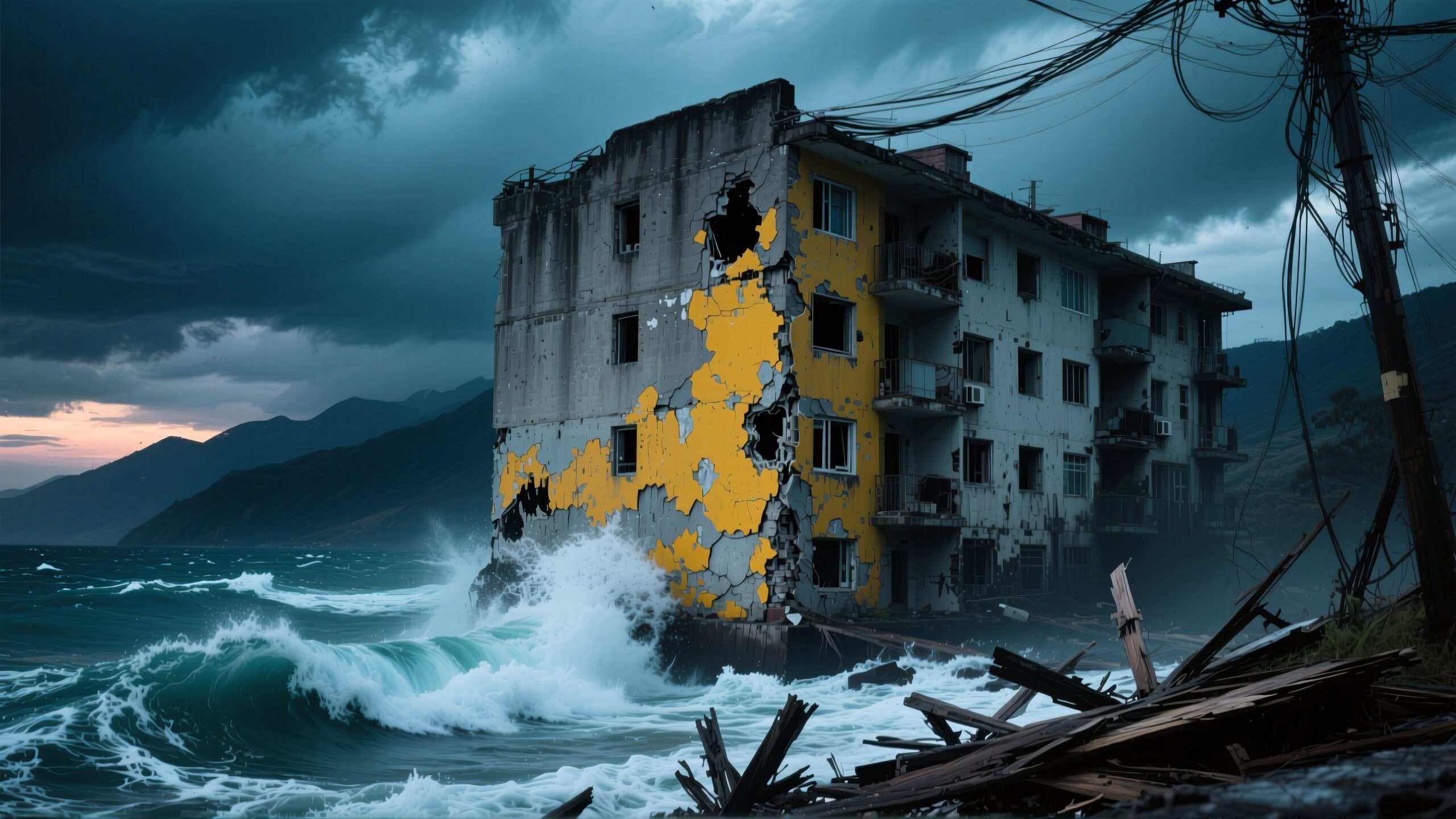 Desolate Coastal Building in Storm