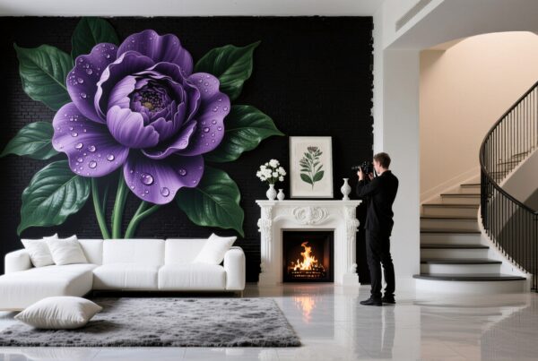 Elegant living room with purple floral mural.