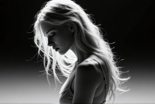 A contemplative black and white portrait of a woman in profile with flowing hair.