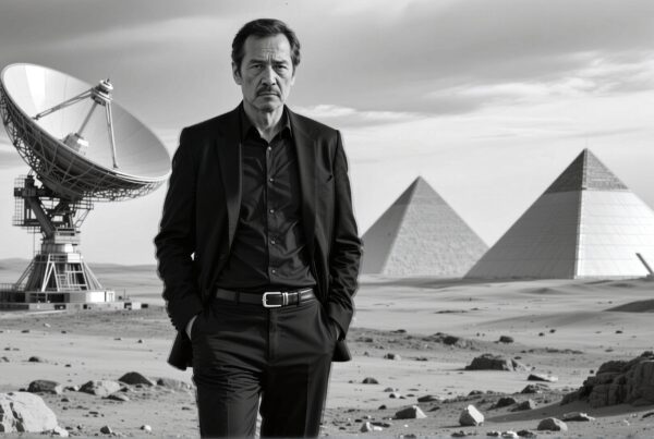 A man in a suit stands in a desert with pyramids and a satellite dish in the background.