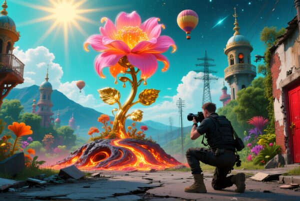 A photographer captures a giant surreal pink flower growing from lava amidst a vibrant urban landscape with hot air balloons.