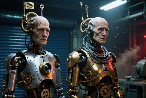Realistic humanoid robots in industrial setting.