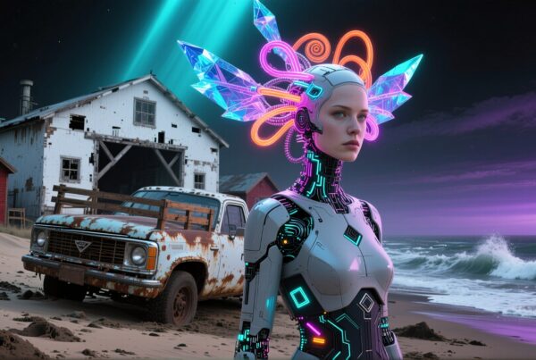 Futuristic female android standing on a beach with a glowing neon headdress and rusted truck backdrop.