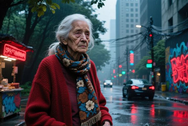 Elderly woman in a red sweater stands on a rainy city street, surrounded by vibrant neon lights and graffiti.