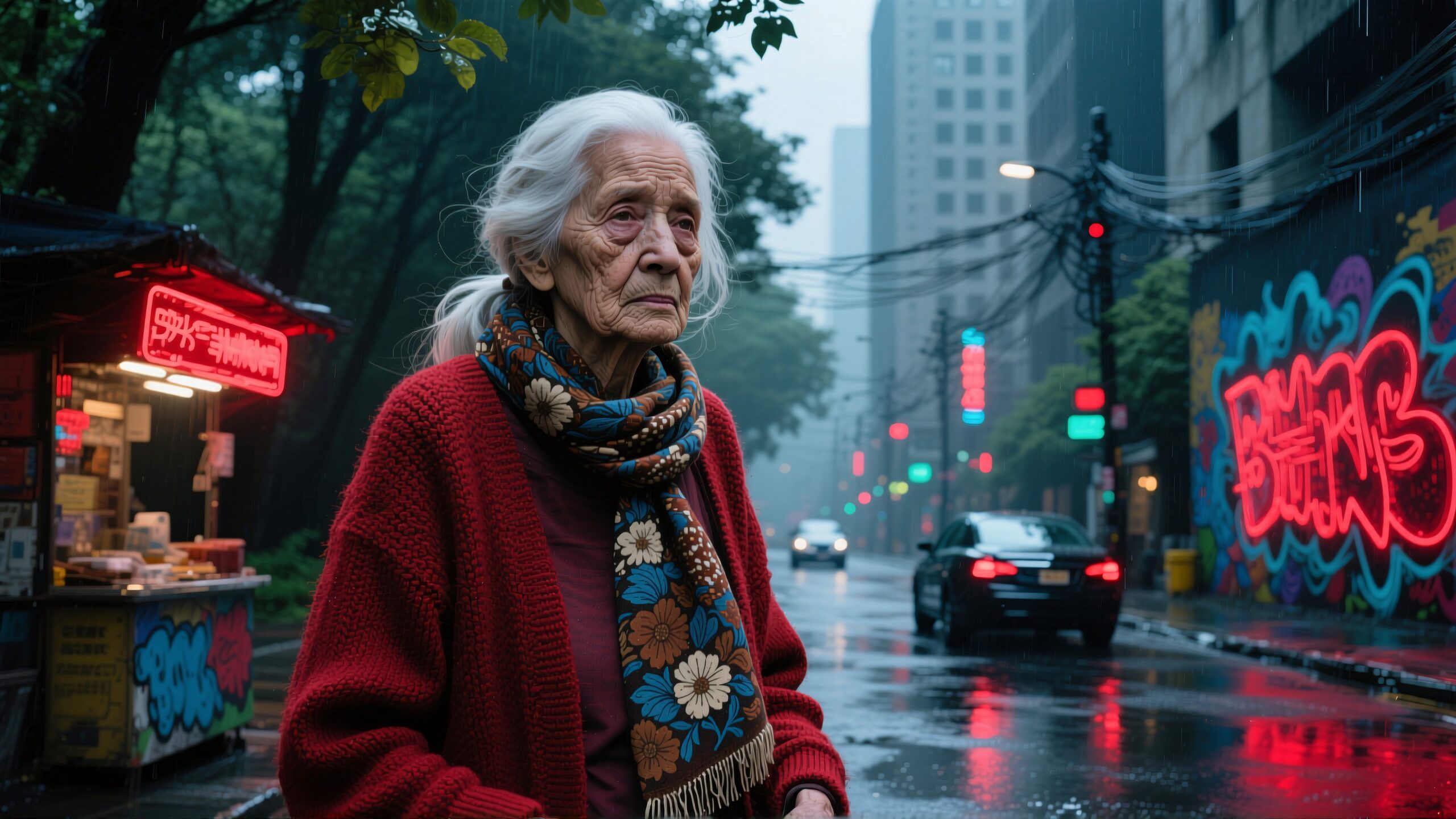 Elderly Woman in Vibrant City