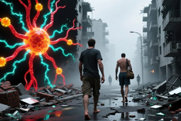 A surreal neural structure amidst urban ruins.