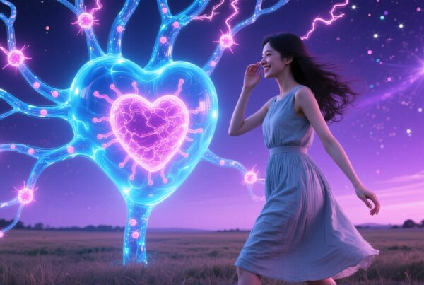 A woman walks by a glowing, electric heart-shaped tree under a starry night sky.