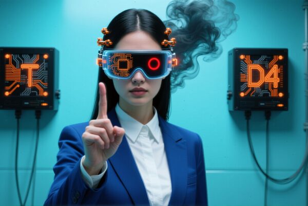 Woman wearing futuristic AR goggles, interacting with digital interface in a high-tech environment.