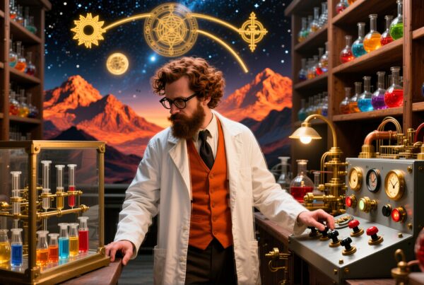 Scientist in a steampunk-themed laboratory surrounded by colorful chemicals and vintage equipment.