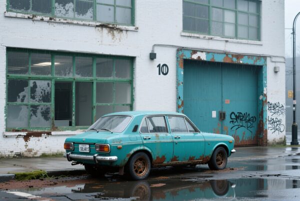 A rusted vintage car parked outside a weathered industrial building in an urban setting.