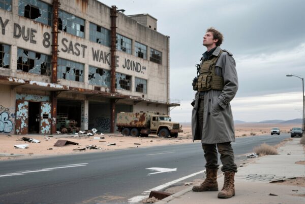 A man stands in a deserted street beside a dilapidated, industrial building with broken windows and graffiti.