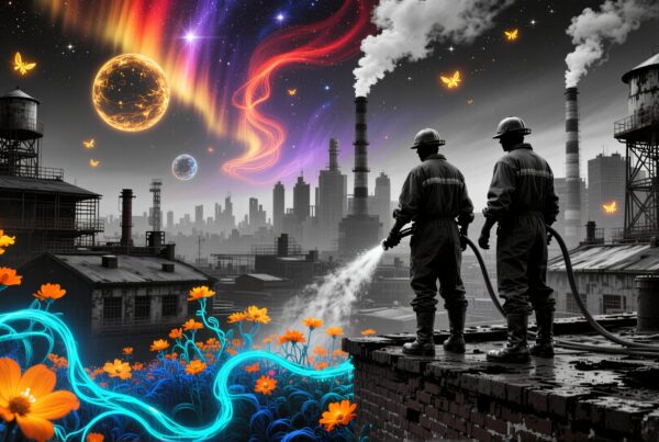 Two workers amidst surreal industrial nature.