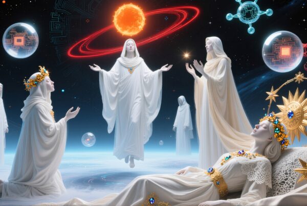 Celestial beings in white robes perform a mystical ritual surrounded by cosmic symbols and a glowing celestial body.