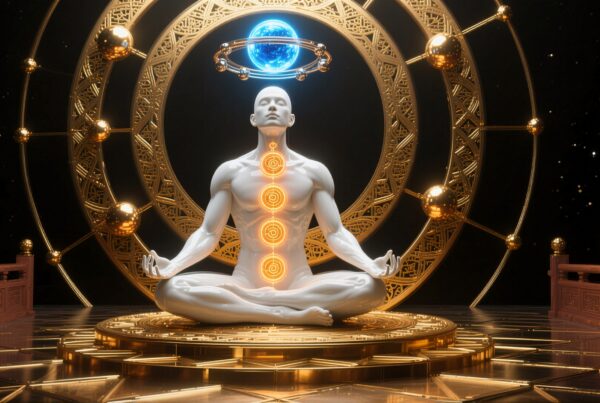 White figure meditating with glowing chakras on an ornate golden platform under a hovering blue sphere against a cosmic backdrop.