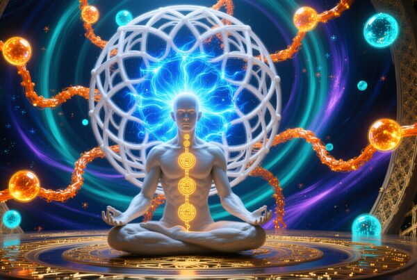 A person in meditation surrounded by cosmic design and energy elements.