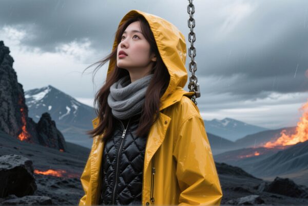 Woman in yellow raincoat stands in a volcanic landscape with lava flows, under a stormy sky.