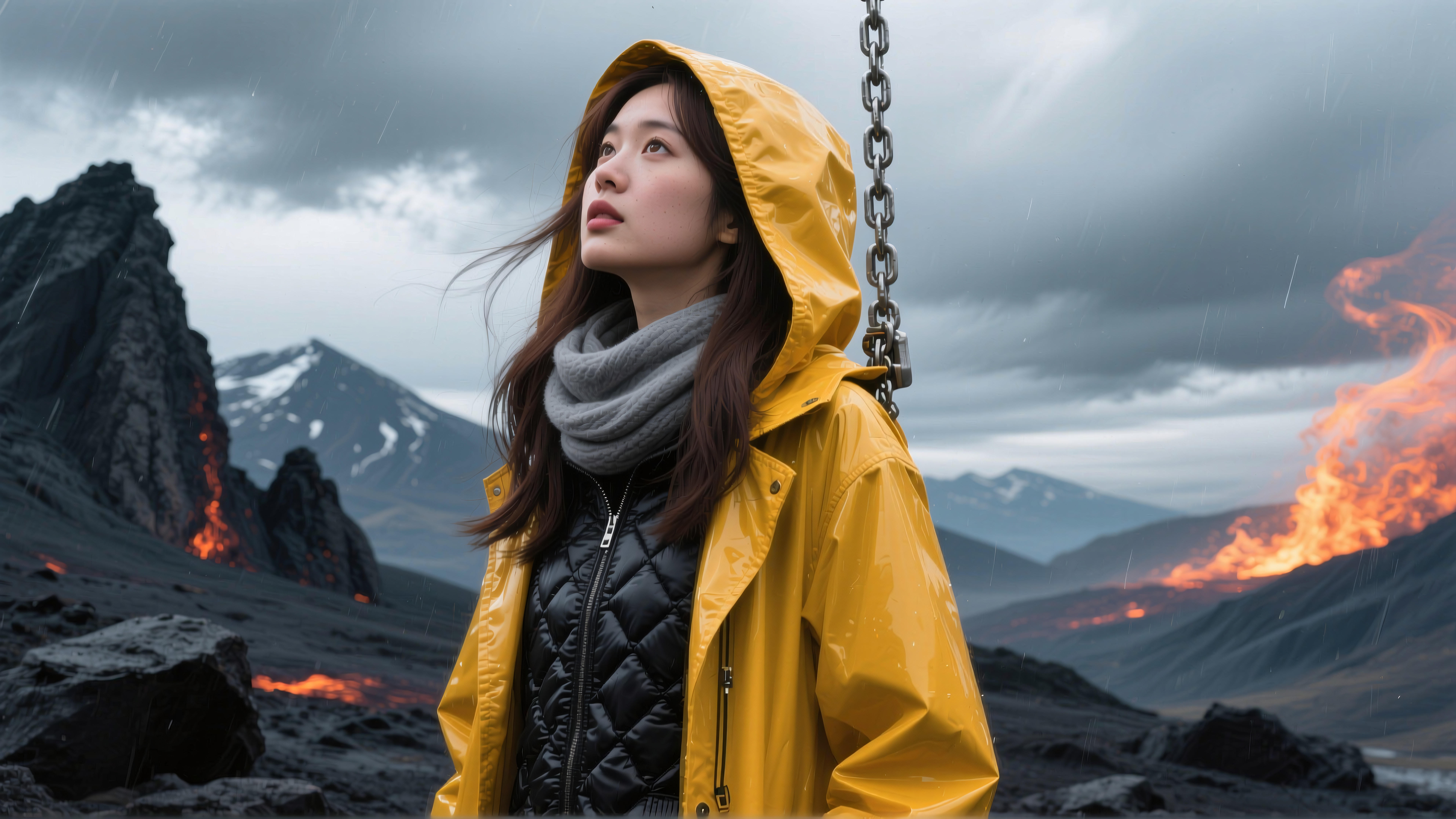 Contemplative Moment in Volcanic Landscape