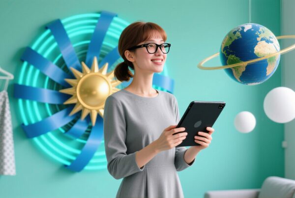 Woman smiling with a tablet in a creatively decorated turquoise room.