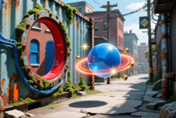 A surreal urban alley featuring a glowing blue orb with golden rings.