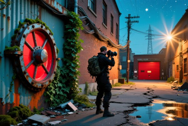 A photographer in tactical gear captures a nighttime urban scene with industrial elements, reflective surfaces, and a starry sky.