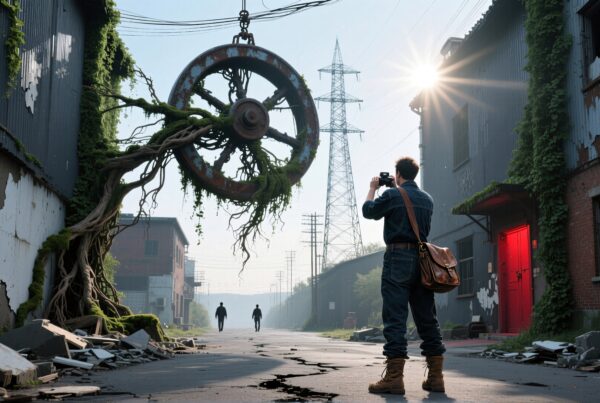 A photographer captures an overgrown urban street with a rusted wheel entwined with roots, evoking nature reclaiming the abandoned scene.